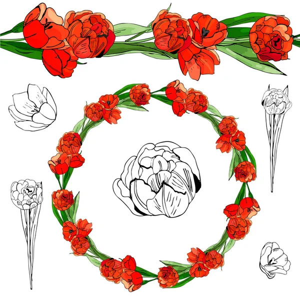 Desenho Gráfico Colorido Desenhado Mão Com Coroa Flores Folhas Tulipas — Vetor de Stock