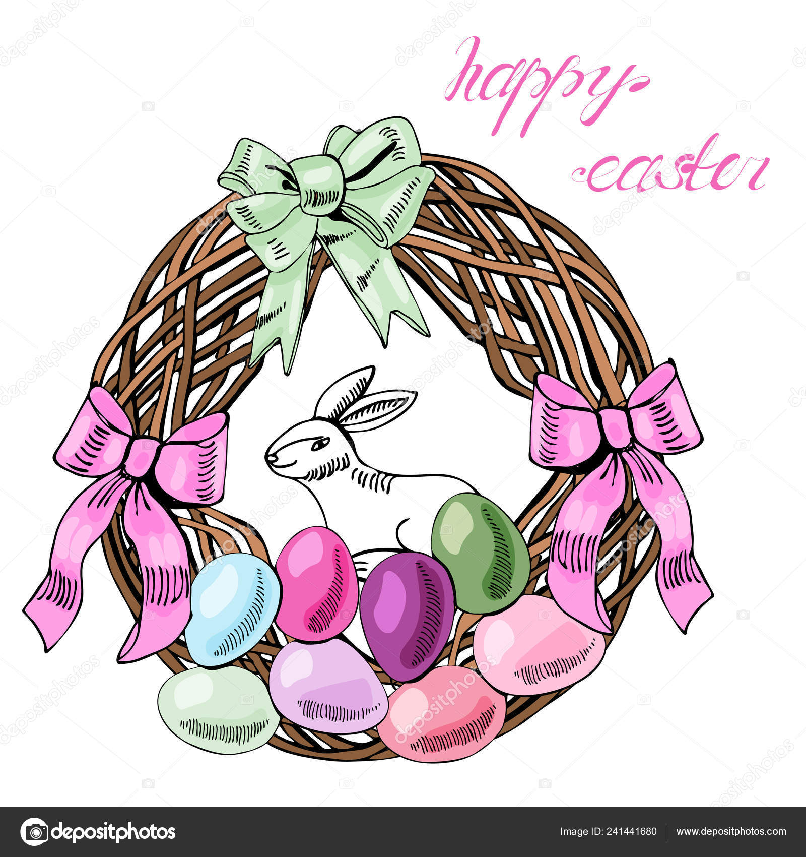Floristic Wreath Eggs Rabbit Bows Lettering Happy Easter