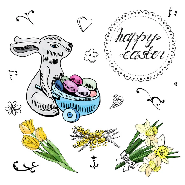幸せなイースター要素のセットです ウサギ 春の花 弓とくるくるの手描きのスケッチ ベクトル図 — ストックベクタ