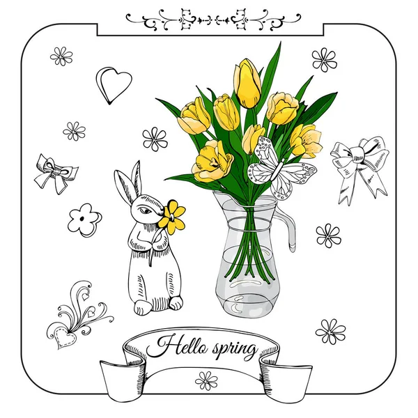 Skład wit królik, Żółty tulipan kwiaty i doodle elementy ręcznie rysowane szkic monocrome i kolorów obiektów. — Wektor stockowy