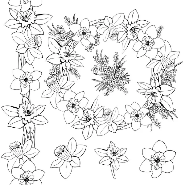 Monochromatyczne Wieniec Niekończące Się Pędzlem Pąki Wiosennych Kwiatów Liści Białym — Wektor stockowy