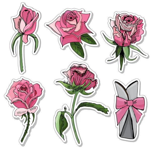 Conjunto Pegatinas Flores Color Rosa Flor Arco Marco Dibujo Tinta — Vector de stock