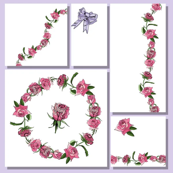 Plantillas Florales Con Flores Rosadas Dibujadas Mano Lilas Elementos Para — Vector de stock