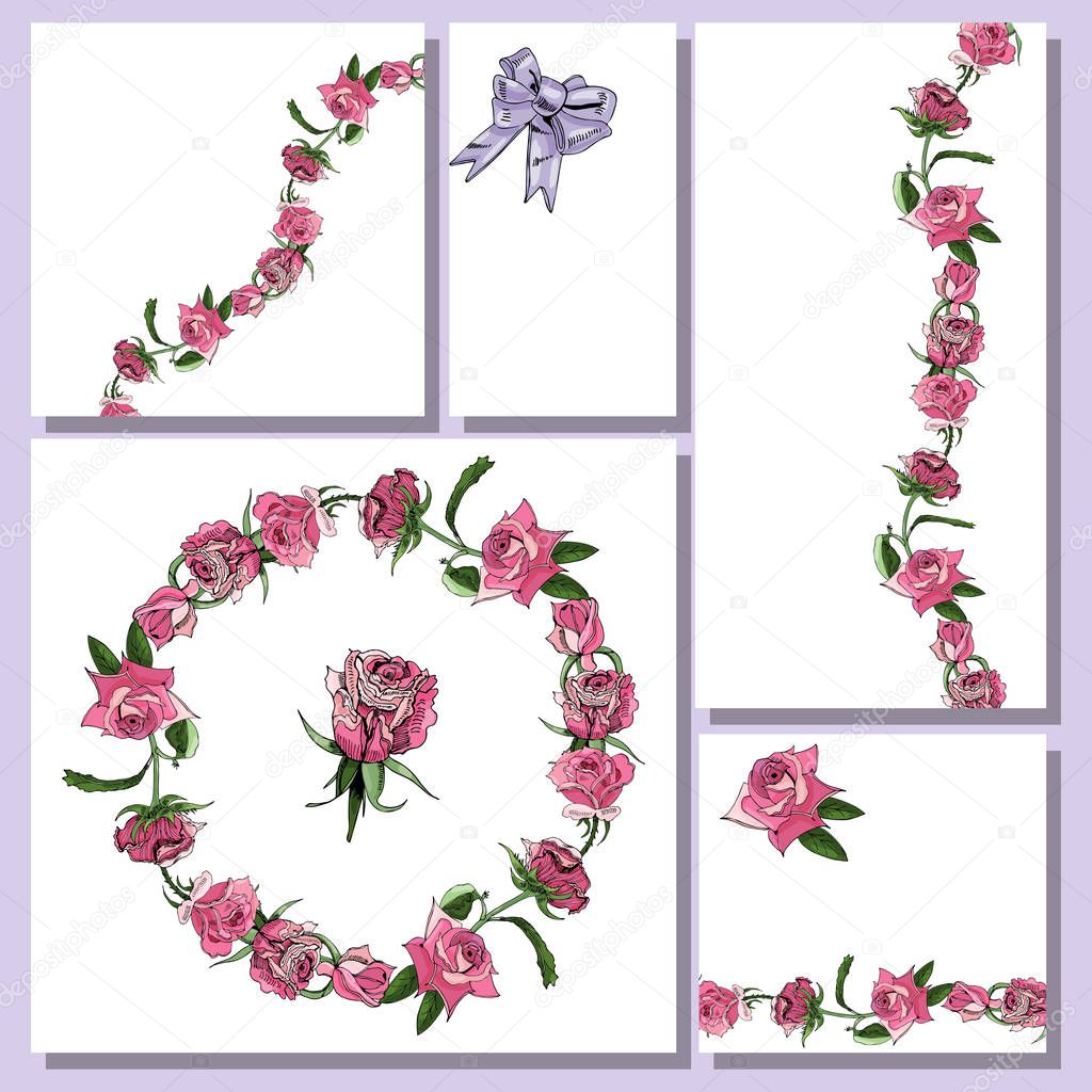 Floral templates with hand drawn  pink rose flowers and lilac bow. Elements for romantic  design, announcements, greeting cards, posters, advertisement. Vector illustration on white background.