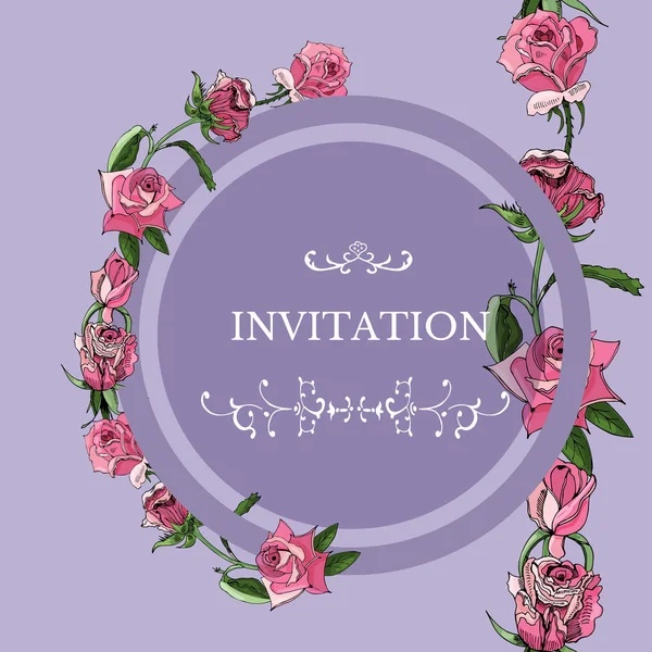 Modelo Floral Para Convite Com Flores Rosa Círculo Rosa Esboço — Vetor de Stock