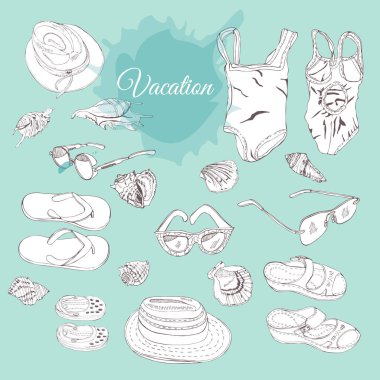 Plaj tatil öğeler kümesi. El farklı öğeleri üzerinde açık turkuaz renkli çizilmiş kroki. Vektör çizim.