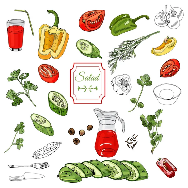 Ανάμεικτα λαχανικά. Κόκκινο, πράσινο και κίτρινο πιπεριές, ντομάτες, αγγούρια και πάνω από διαφορετικά μελάνι και το χρώμα στοιχεία που απομονώνονται σε λευκό φόντο. — Διανυσματικό Αρχείο