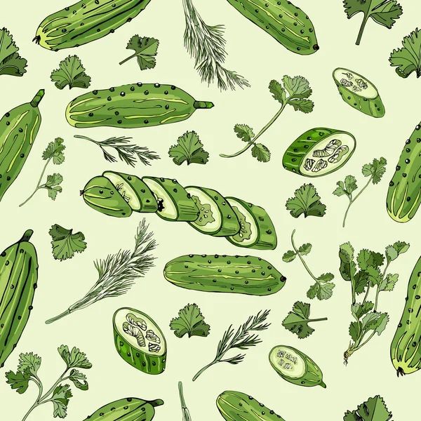 Seamless pattern of   hand drawn green cucumbers and different herbs. Ink and colored sketch  on light green  background. Whole and sliced elements. — Stock Vector