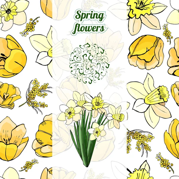 Florale vertikale Schablone mit nahtlosem Muster handgezeichneter grafischer und farbiger Skizze mit gelben Mimosen, Narzissen und Narzissenblütenstrauß und Wirbelkreis. — Stockvektor