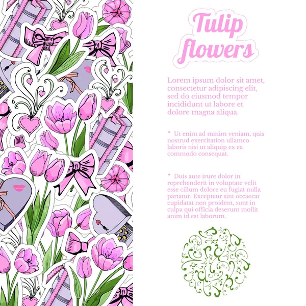Composition verticale rectangle de dessin à la main et croquis de couleur de fleurs et feuilles de tulipes roses, de viande sucrée, d'arcs et d'autres cadeaux . — Image vectorielle
