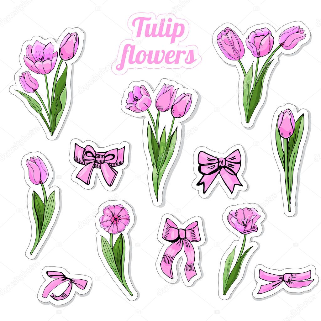 Set of stickers with hand drawn colored  sketch of pink  tulip flowers, leaves and bows isolated on white  background.