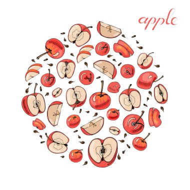 Daire tüm ve dilimlenmiş elma bileşimi. Beyaz arka plan üzerinde izole Kırmızı elma ile el çizilmiş kroki.