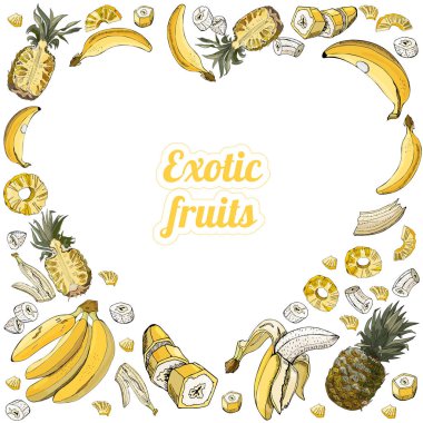 Ananas ve muz meyve kalp kompozisyon ters. Beyaz arka plan üzerinde izole bütün ve dilimlenmiş öğeleri. Elle çizilmiş kroki.