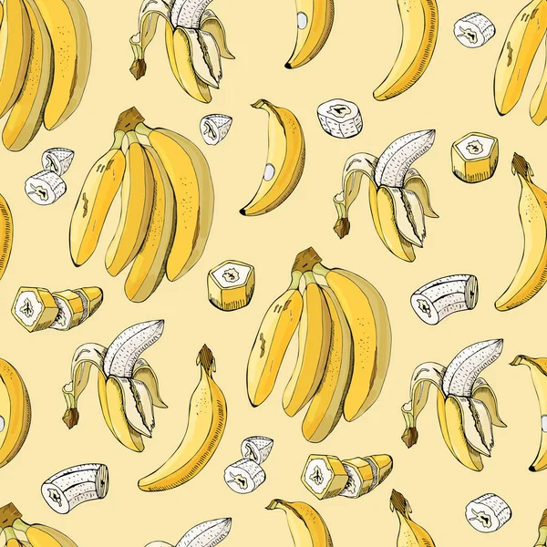 Patrón sin costuras con frutas de plátano sobre fondo amarillo. Elementos enteros y en rodajas. Dibujo dibujado a mano de color . — Vector de stock