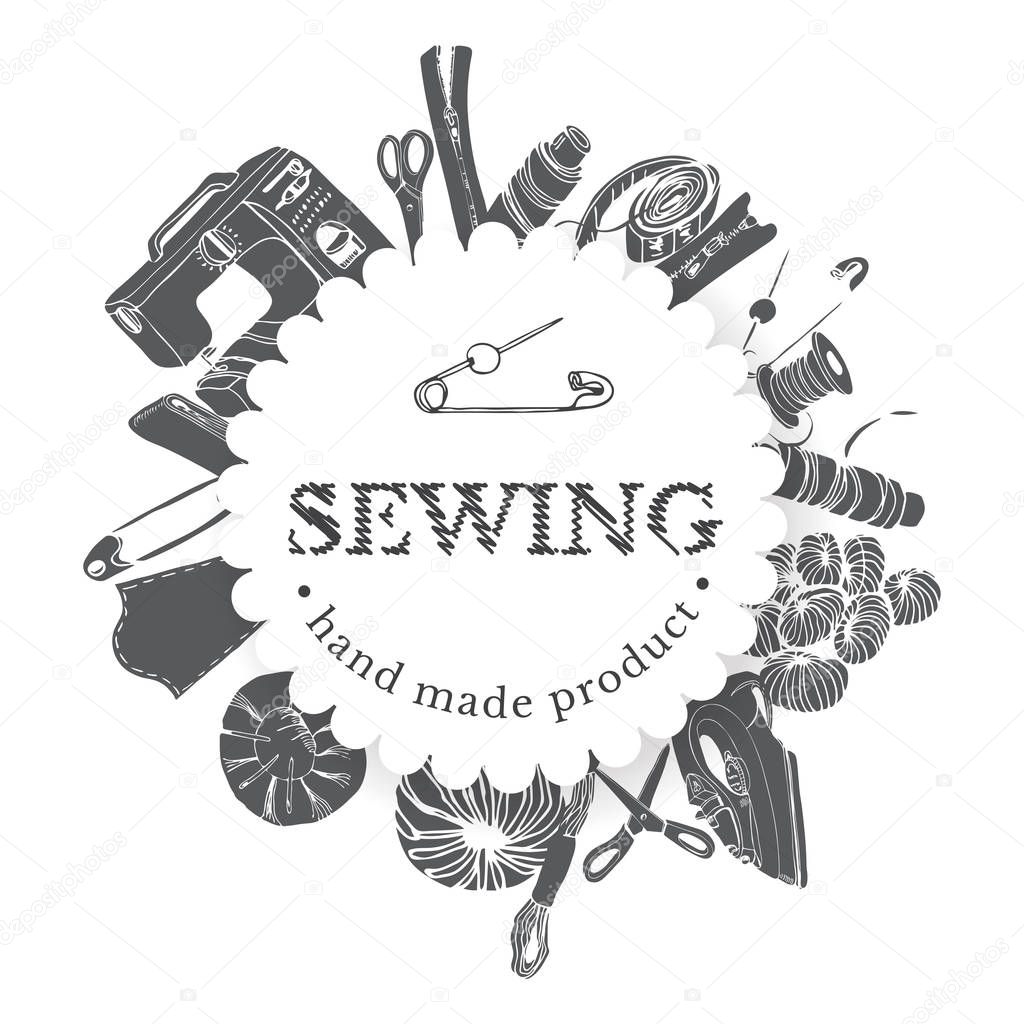 Circle composition with inverted  items for sewing. Hand drawn monochrome sketch of different elements isolated on white background.