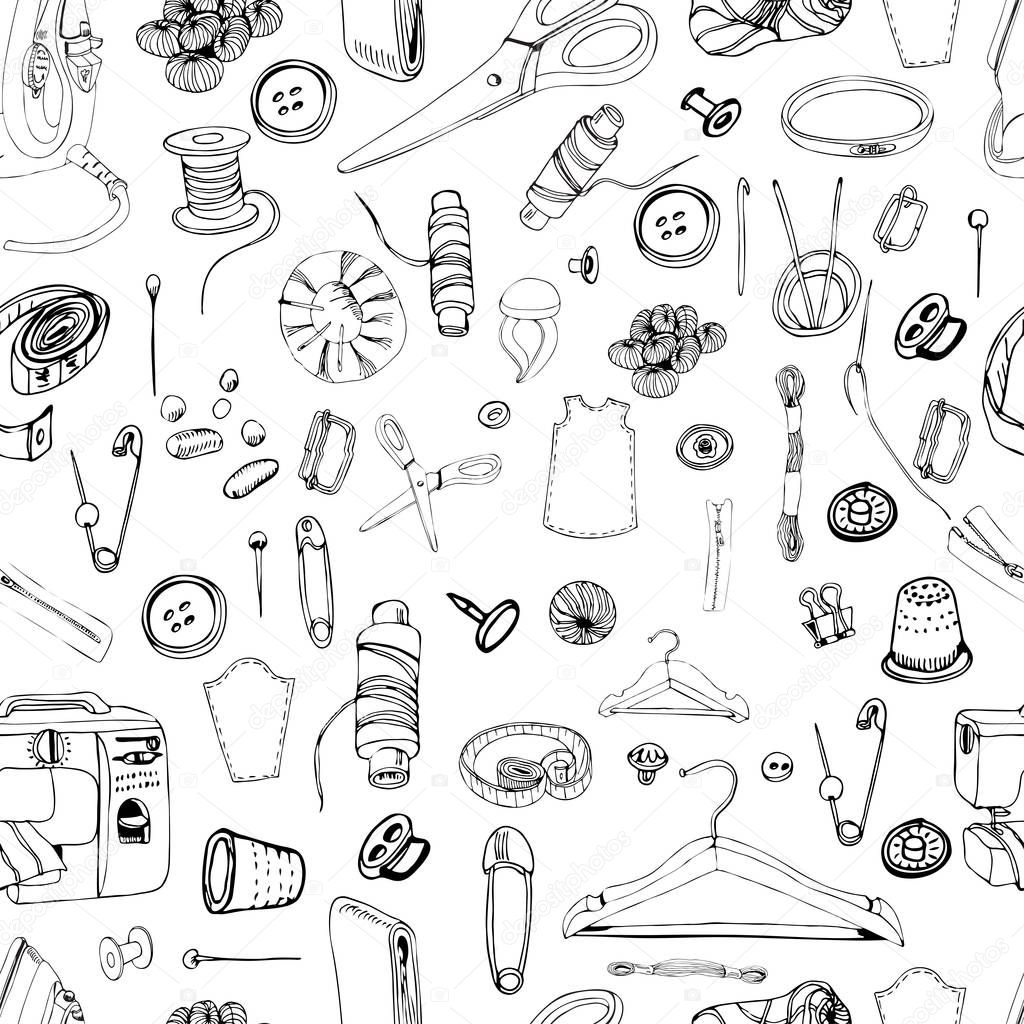 Monochrome seamless pattern with  items for sewing. Hand drawn graphic sketch of different elements isolated on white background.