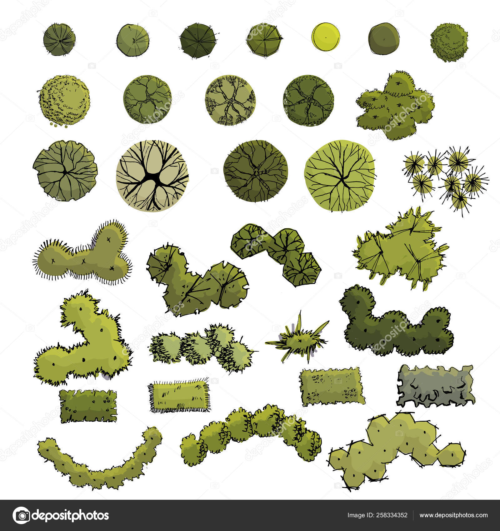 Large set with symbols of trees and shrubs in plan view whithout shadow