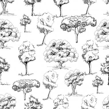 Beyaz arka plan üzerinde izole çizim tarzında tek renkli elle çizilmiş ağaçlar ile dikişsiz desen.