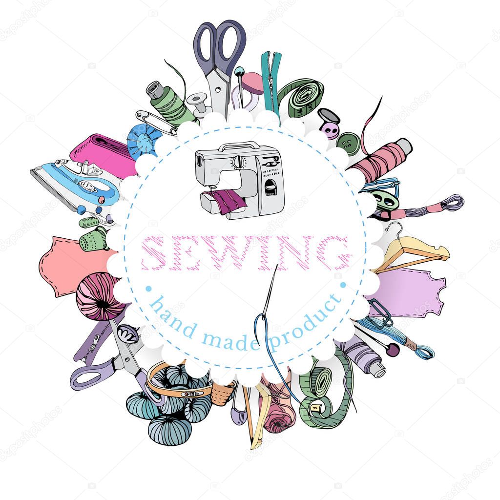 Circle composition with   items for sewing. Hand drawn ink and colored sketch of different elements isolated on white background.