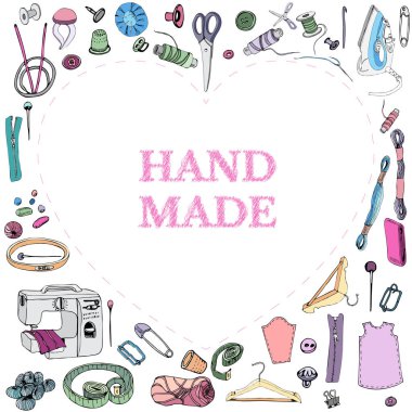 Dikiş için öğeleri ile ters kalp şekli Şablonu. Beyaz arka planda izole edilmiş farklı öğelerin el çizilmiş mürekkemi ve renkli çizimi.