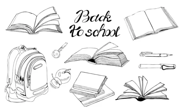 Collection of  hand drawn ink monochrome  sketch with books, school items and lettering.Vector illustation isolated on white background. — Stock Vector