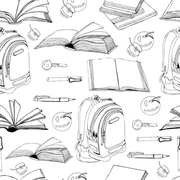 Naadloze patroon van hand getekende inkt monochroom schets met boek school items en belettering. Vector illustation geïsoleerd op witte achtergrond. — Stockvector