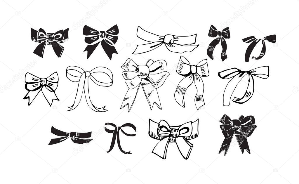 Collection of  monochrome  bows. Hand drawn ink and inverted sketch. Different elements and silhouette isolated on white background.