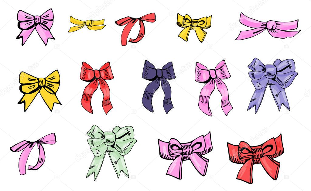Collection of  color bows. Hand drawn ink and colored sketch. Different elements isolated on white background.