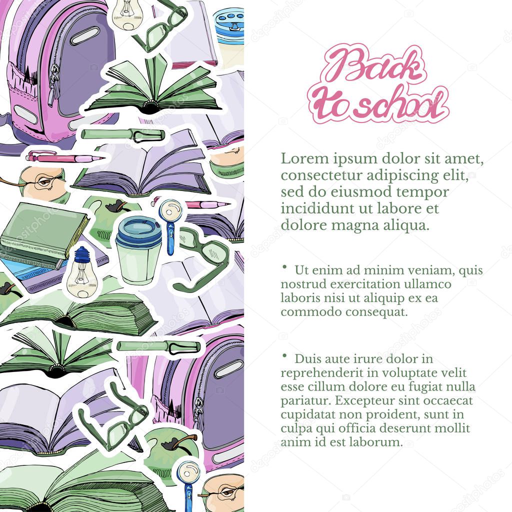 Vertical template of  hand drawn ink and colored  sketch with books and school items . Color stickers  isolated on white background. 