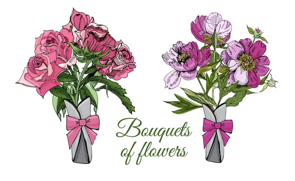 Collection de bouquets de fleurs différentes. Croquis à l'encre dessinée à la main de pivoine et rose. Objets colorés isolés sur fond blanc pour bannière, invitation ou carte de vœux . — Image vectorielle