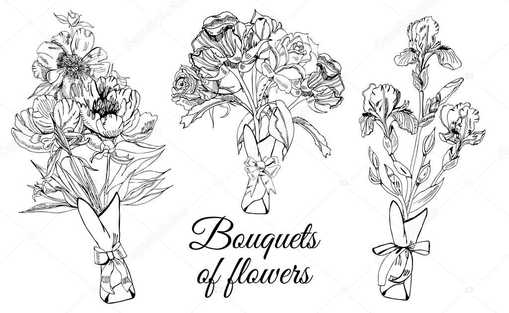 Design  with bouquets of different flowers. Hand drawn ink sketch of iris, peony and rose. Black objects isolated on white background for banner, invitation or greeting card.