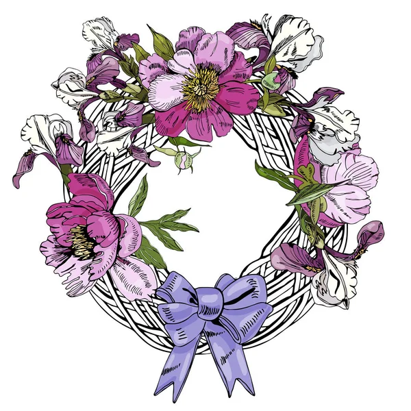 ピオニー、アイリス、弓の花を持つ花輪。手描きのインクスケッチ。白い背景に分離された色のオブジェクト. — ストックベクタ