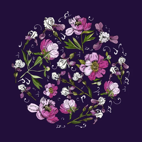 Composición circular para diseñar con flores de peonía e iris. Dibujo de tinta dibujado a mano. Elementos de color elegante sobre fondo púrpura oscuro . — Vector de stock