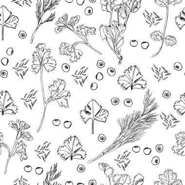 Seamless pattern of different herbs and spices. Hand drawn ink sketch isolated on white background. Vector illustration. clipart