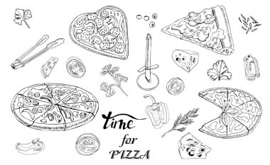 Bütün ve dilimlenmiş pizza, farklı sebze ve pizza için öğeler. Elle çizilmiş mürekkep çizimi. Pepperoni, Margarita, Mantar. Broşürler, kartlar, posterler, baskılar, menü, kitapçıklar için mükemmel.