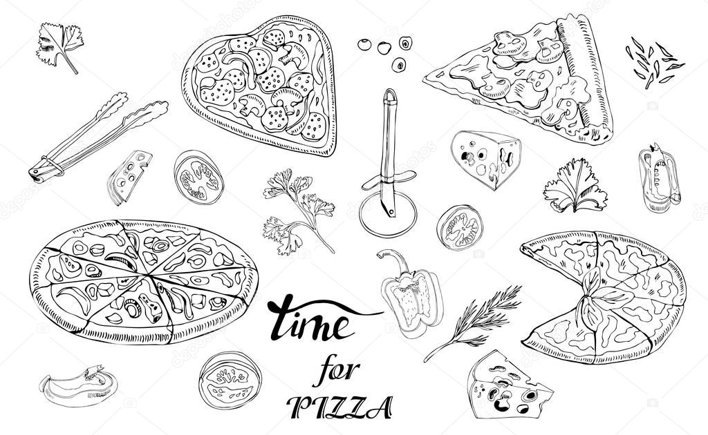 Whole and sliced  pizza, different vegetables and items for pizza. Hand drawn ink sketch. Slice of Pepperoni, Margarita,  Mushroom.  Perfect for leaflets, cards, posters, prints, menu, booklets.