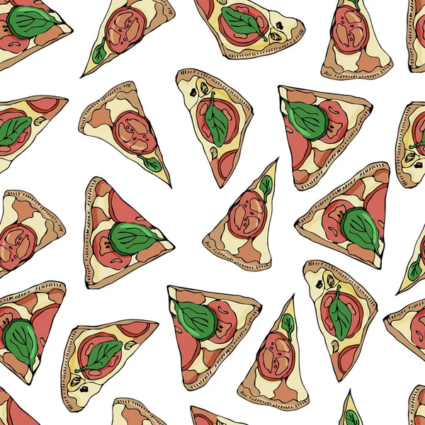 Sömlöst mönster med pizza skivor på vit bakgrund. Handritad bläck och färgad skiss. Perfekt för broschyrer, kort, affischer, utskrifter, meny, häften. — Stock vektor