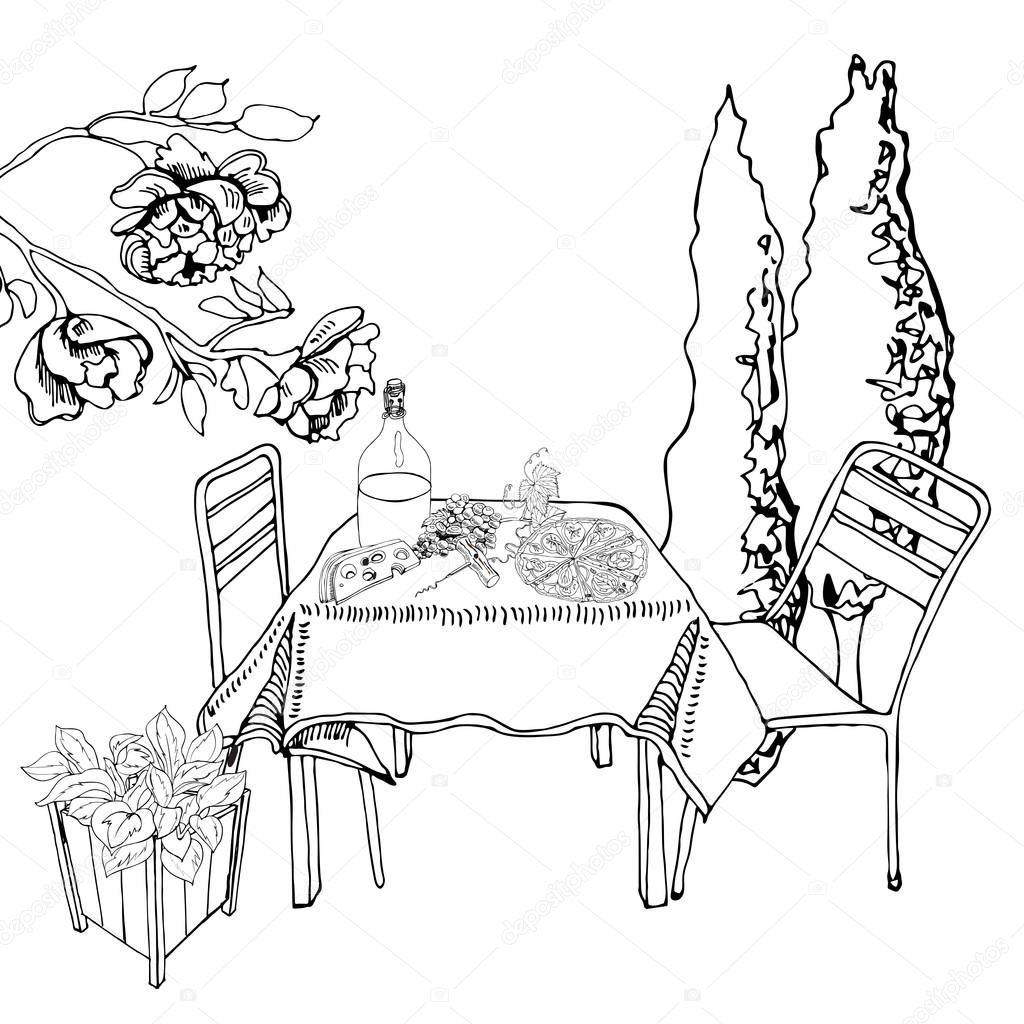 Monochrome scene with outdoor lunch. Hand drawn ink cutout elements. Food, container plants and furniture in sketch style.