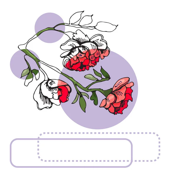 バラ、ライラックの円とフレームの赤い花を咲かせるコレクション。白い背景に隔離された手描きのインクと色付きのスケッチ. — ストックベクタ