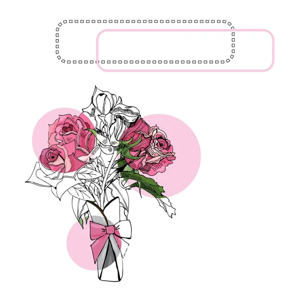 Composición con florecimiento rosa de rosas, círculos y marco. Tinta dibujada a mano y bosquejo de color de flores de rosas aisladas sobre fondo blanco . — Vector de stock