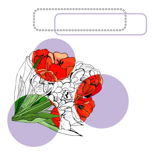 赤いチューリップの花、ライラックの円とフレームを開花招待状やグリーティングカードのためのテンプレート。白い背景に手描きのインクと色付きのスケッチ. — ストックベクタ