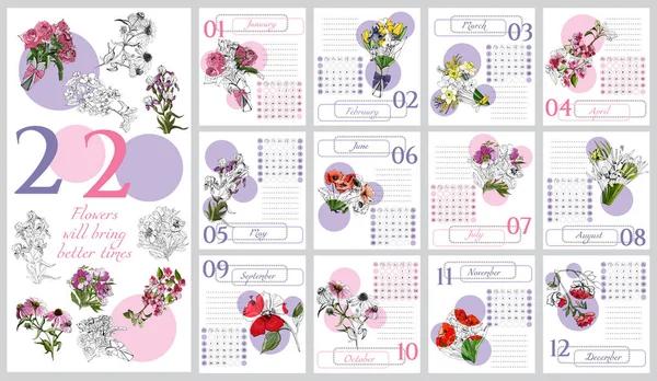 Calendário floral 2020 com mão desenhada flores diferentes em estilo esboço. Monocromático e objetos coloridos em círculos rosa e lilás . —  Vetores de Stock