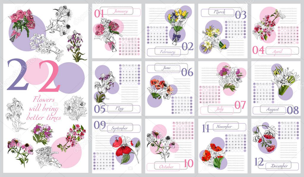 Floral calendar 2020 with hand drawn different flowers in sketch style. Monochrome and colored objects in pink and lilac circles.