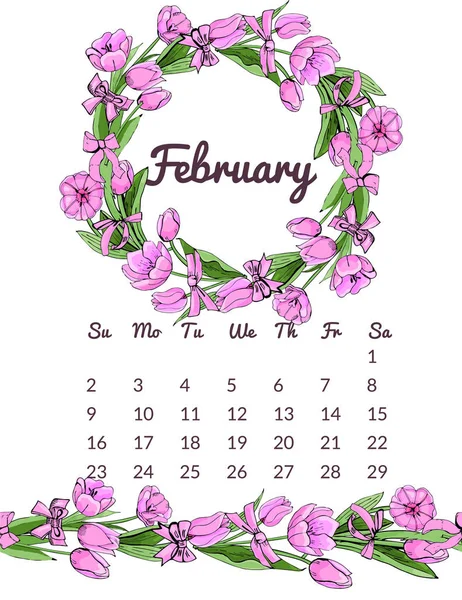 분홍색 튤립 꽃과 잎과 활의 화환과 끝없는 브러시와 인쇄 식물 달력 2020. 흰색 배경에 고립 된 손으로 그린 잉크와 컬러 꽃 개체. — 스톡 사진
