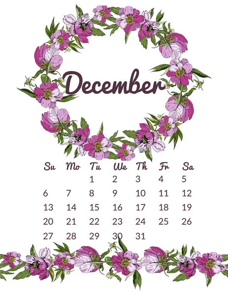 Drukowane kalendarz botaniczny 2020 z wieniec i nieskończoną szczotką różowe kwiaty piwonii i liści. Ręcznie rysowane atrament i kolorowe obiekty kwiatowe izolowane na białym tle. — Zdjęcie stockowe