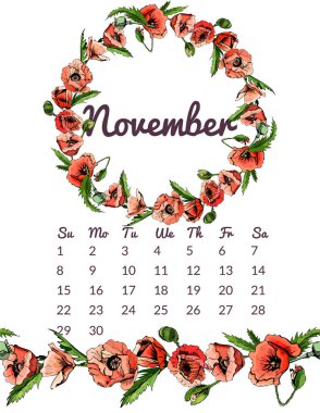 Yazdırılabilir botanik takvim 2020 çelenk ve kırmızı haşhaş çiçek ve yaprakları sonsuz fırça ile. Beyaz arka planda izole edilmiş el çizilmiş mürekkep ve renkli çiçek nesneleri.