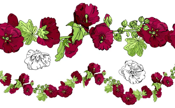 無限のブラシ、花束とマルーンマローと緑の葉の単一の花とコレクション。白い背景に隔離された手描きのモノクロと色のスケッチ. — ストックベクタ