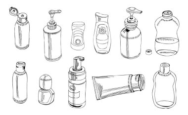 Kozmetik paketin el çizilmiş kroki koleksiyonu. Şişe, ttüp, şişe. Beyaz arka planda yalıtılmış tek renkli elemanlar.