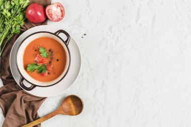 Domates, biber, sarımsak ve fre ile İspanyol soğuk gazpacho çorbası