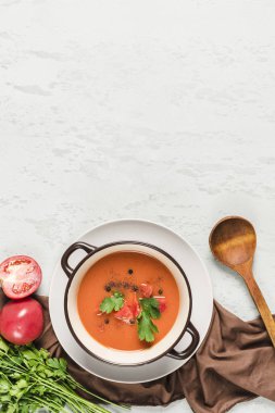 Domates, biber, sarımsak ve fre ile İspanyol soğuk gazpacho çorbası